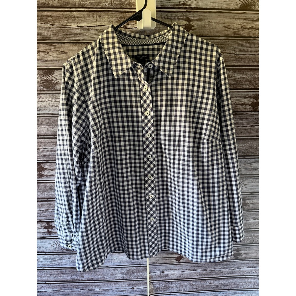 Talbots Women's Long-Sleeved Button-Down Top Size 2XP Navy Blue White Gingham